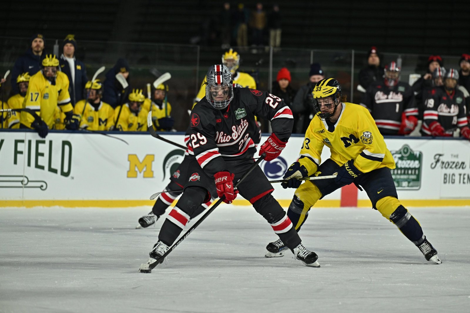 FRIDAY COLLEGE HOCKEY ROUNDUP: No. 13 Ohio State beats No. 9 Michigan in Wrigley Field; Augustana upsets No. 8 Colorado College; No. 6 Denver outlasts No. 7 Maine; No. 3 Minnesota triples up on Mercyhurst; No. 10 UMass-Lowell beats Michigan Tech - College Hockey