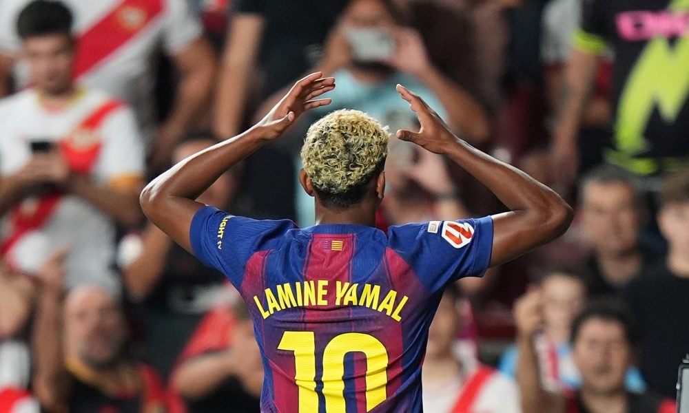 MADRID, SPAIN - AUGUST 31: Lamine Yamal of FC Barcelona celebrates scoring his team's first goal during the LaLiga EA Sports match between Rayo Vallecano de Madrid and FC Barcelona at Estadio de Vallecas on August 31, 2025 in Madrid, Spain. (Photo by Angel Martinez/Getty Images)
