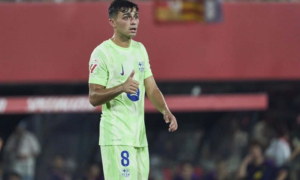 MALLORCA, SPAIN - AUGUST 16: Pedri of FC Barcelona gestures during the LaLiga EA Sports match between RCD Mallorca and FC Barcelona at Estadio de Son Moix on August 16, 2025 in Mallorca, Spain. (Photo by Rafa Babot/Getty Images)